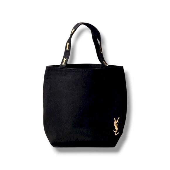 Yves Saint Laurent Black Canvas YSL Tote Bag Gold Embroidery Logo - Picture 1 of 4